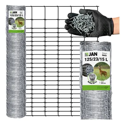 Produktbild von Knotengeflecht, Wildzaun,  verzinkt Forstzaun - 125/23/15 L 50 M - 1,25 M Hoch - Wetterfest - 30 Kg
