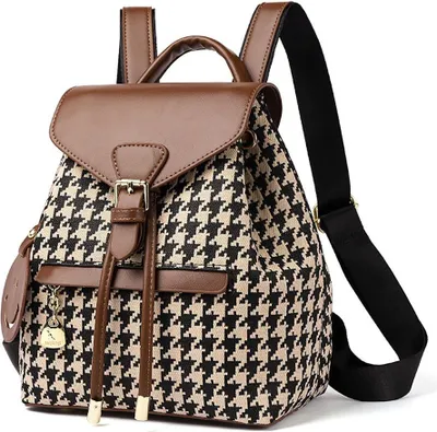 Produktbild von Freizeitrucksack für Damen Cityrucksack Modischer karierter Rucksack, Kunstlederrucksack, lässiger Rucksack, Khaki