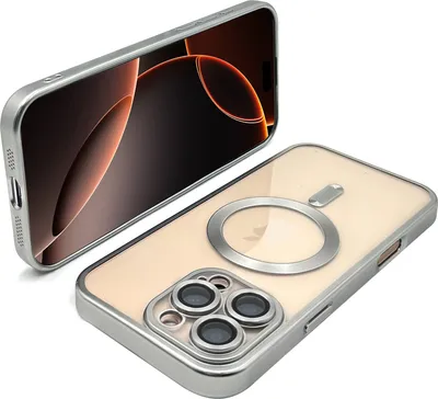 A silver iPhone case with a transparent back is shown diagonally against a white background. The case has a magnetic ring for MagSafe charging and a raised camera protection.