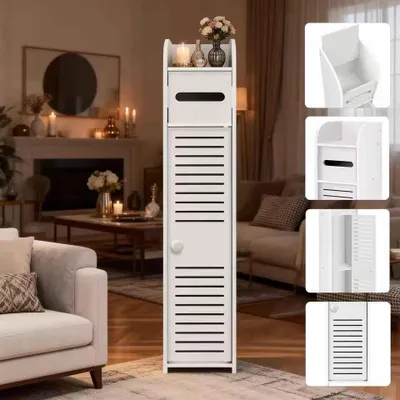Produktbild von Schmaler Eckschrank mit Tür und Regalen, 81 × 16 × 16 cm, freistehender Aufbewahrungsschrank für Bad, Küche, Flur und Wohnzimm