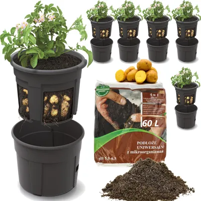 Obrázek produktu pro 6x květináč na brambory 12 l, květináč, vložka do květináče na pěstování zeleniny + univerzální zemina 60 l 4 v 1 s mikroorganismy pro zeleninu