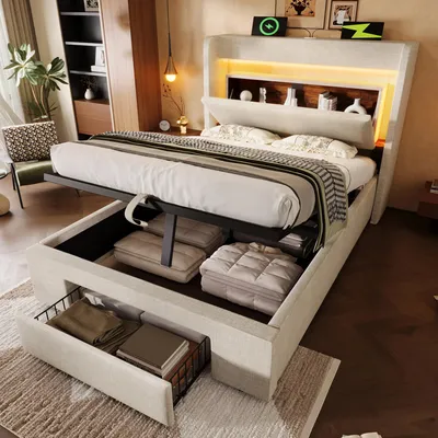 Produktbild von Flieks Hydraulisches Polsterbett 90x200cm mit Usb & Type-c, Stauraumbett mit Schublade und Ablage, Jugendbett Einzelbett Leinen, Beige