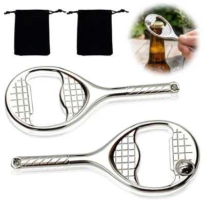 2 Tennisracket-Flaschenöffner aus Zink, silber, mit Geschenkbeutel