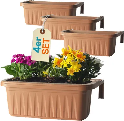 Produktbild von 4er Set Blumenkasten Balkongeländer Balkon Blumenkasten Balkonkasten mit Halterung Balkonkasten Geländerkasten Balkonkasten mit Wasserspeicher 60 cm Terrakotta