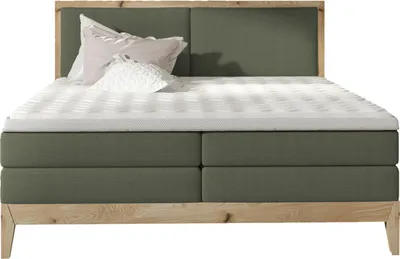 Produktbild von Schlafzimmer Bett Kontinentalbett IDA – Eiche Massivholz, 7-Zonen-Taschenfederkernmatratze, Premium Kaltschaum Topper – Boxspringbett Mit Beleuchtung | 140x200 cm | Dunkelgrün