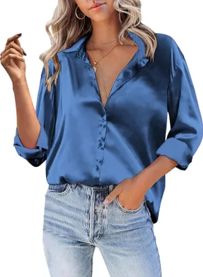 Produktbild von ASKSA Damen Satin Bluse V-Ausschnitt Hemde Elegant Knoepfen Oberteile Casual Einfarbig Tunika Langarmshirt (Blau,XXL)