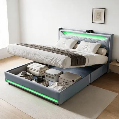 Zdjęcie produktu dla Łóżko platformowe INONEFT 140x200 cm z oświetleniem LED i ładowarką USB, łóżko z pojemnikiem na pościel, hydrauliczne łóżko tapicerowane z pojemnikiem/materacem sprężynowym, kolor: len, szary