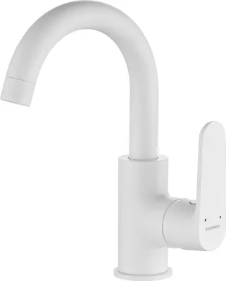 A white bathroom faucet on a white background.