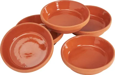 A group of small terracotta bowls are arranged on a white background.