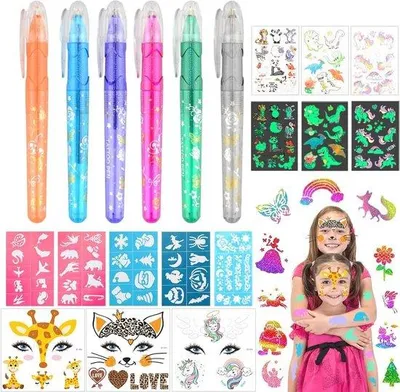 Produktbild von Famanu Glitzer-Tattoo-Set für Kinder - 6 Farben, Schablonen und Leuchtende Tattoos