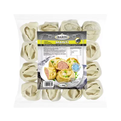 Produktbild von BARIN MANTI mit Schweinefleisch, 750 g, Handgefertigte Teigtaschen mit Hackfleisch und Zwiebeln, Tiefgefrorenes Fertiggericht