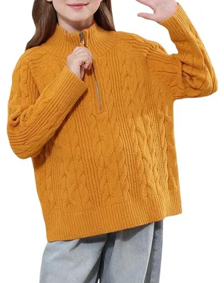 Imagen del producto de Jersey de punto para niña, cuello alto, cremallera, cálido, diseño de trenzas, color naranja, talla 130 cm