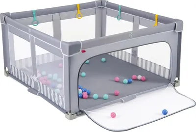 Image de COSTWAY 127x127 cm Parc bébé pliable, parc avec 50 balles, 4 poignées, porte zippée, filet respirant & sac de transportParcs à bébé, barrière pour enfants Gris