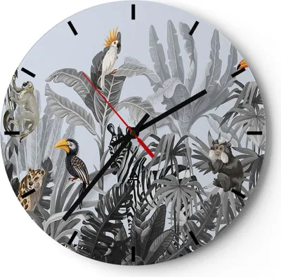 Produktbild von Wanduhr - Rund - Glasuhr - Dschungel Tiere Tukane - 40x40cm - Schleichendes Uhrwerk - Lautlos - zum Aufhängen bereit - Dekoration Modern - Wanddekoration aus Glas - C3AR40x40-4662