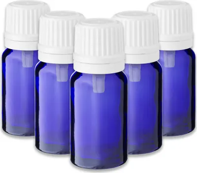 Produktbild von 5x Blaue Glasflasche 10 ml mit weißem Tropfeinsatz Tropfer leer 18/415