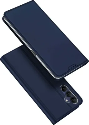 A dark blue flip case for a smartphone, shown open with the phone inside.