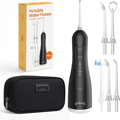 Produktbild von Goliving Munddusche – 5 Aufsätze – 4 Stufen – Inkl. Reisetasche – 300 ml – Elektrisches Zahnseidegerät – Kabellos & USB-aufladbar – Schwarz