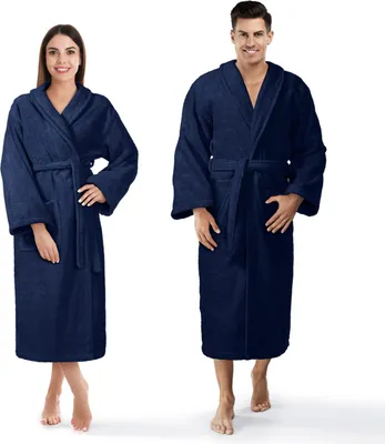 A man and a woman wearing navy blue bathrobes.