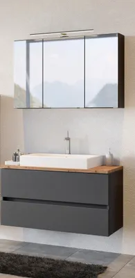 Produktbild von Badmöbel Waschtisch Set 100 cm inkl. Keramik-Aufsatzbecken PESARO-03 in matt grau mit Absetzung in Wotaneiche Nb., B/H/T: ca. 100/200/48 cm