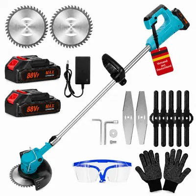 Produktbild von Akku-Rasentrimmer, Elektrischer Grasschneider, mit 2 Batterie und Ladegerät, 180° Trimmwinkel, Teleskop-Stiel & Zusatzhandgriff, Blau