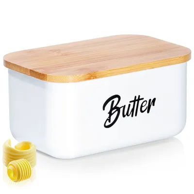 Zdjęcie produktu dla Wymiana masła z białej stali z bambusową pokrywką i napisem Butter