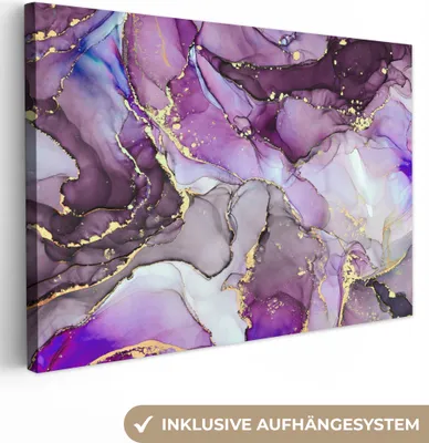 Produktbild von MuchoWow® - Leinwandbilder - Marmor - Rosa - Lila - Gold, Wandbild, Wanddeko Bilder Wohnzimmer, 90x60 cm
