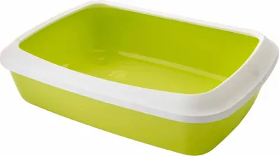 A green and white cat litter box shown from a diagonal angle against a white background.