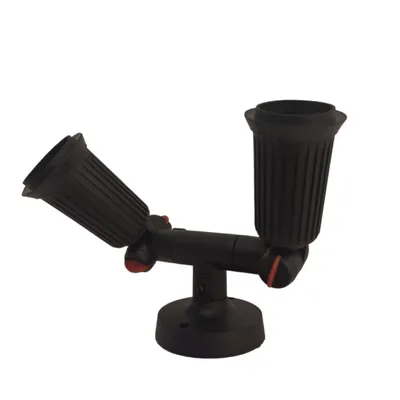 A black, two-headed outdoor light fixture with adjustable heads.