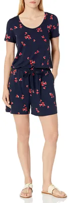 Produktbild von Amazon Essentials Damen Einteiler mit Kurzen Ärmeln und U-Ausschnitt, 8,3cm Beininnenlänge, Marineblau Rot Tulpen, XL