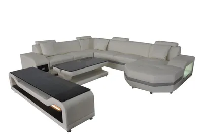 Produktbild von Leder Ecksofa Eckgarnitur Eckcouch Sofa Couch Wohnlandschaft Polster Tisch USB
