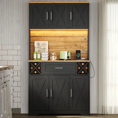 Produktbild von Merax Küchenschrank mit LED-Beleuchtung, Hochschrank Vitrine mit Weinregal und Schublade, Vorratsschrank mit Steckdose, Esszimmer Wohnzimmer, Schwarz