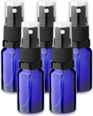 Produktbild von 5x Glasflasche blau 10 ml mit schwarzem Zerstäuber Kosmetikflasche Set