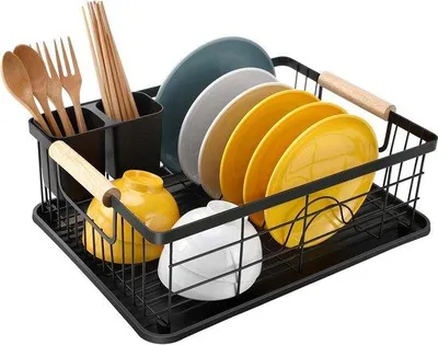 Produktbild von Unyqoos® Geschirr-Abtropfgestell mit Abtropfschale, Edelstahl, Holzgriffe, 43 x 32 x 15 cm, Schwarz