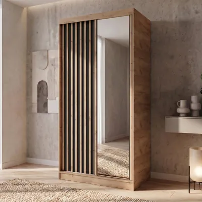 Produktbild von BEAUTYSOFA | Kleiderschrank DONATELLO 100 cm Artisan/Schwarz mit Spiegel, Lamellen und 1 Schubkasteneinsatz, Schwebetürenschrank modern