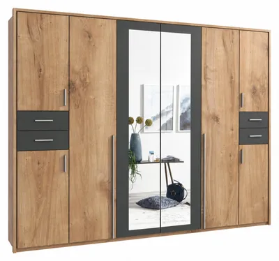 Produktbild von Drehtürenschrank Kleiderschrank 273cm Passepartout Spiegel Eiche Nachbildung, Grafit / 22576