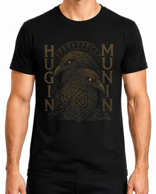 Imagen del producto de Camiseta para hombre, color , talla XL, con motivos de los cuervos nórdicos Hugin y Munin, mitología vikinga y guerreros rúnicos