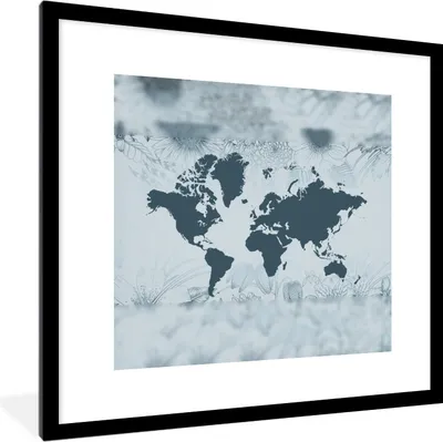Produktbild von MuchoWow® MuchoWow® Gerahmtes Poster Weltkarte - Pflanzen - Blau 40x40 cm - Poster mit zchwarzem Bilderrahmen - Poster - Plakat im Rahmen