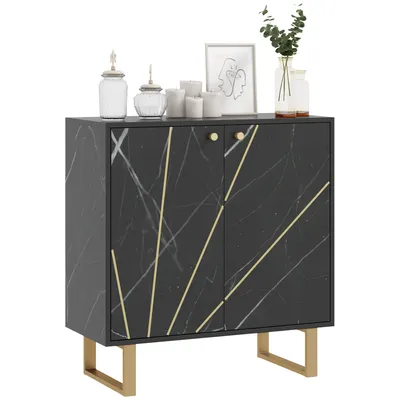 Produktbild von HOMCOM Aufbewahrungs-Sideboard, Aufbewahrungseinheit, mit 2 Türen und verstellbarem Regal, 76 x 35 x 77 cm, Aufbewahrungsschrank mit Metallbeinen, für Wohnzimmer, Esszimmer, schwarzer Marmorton