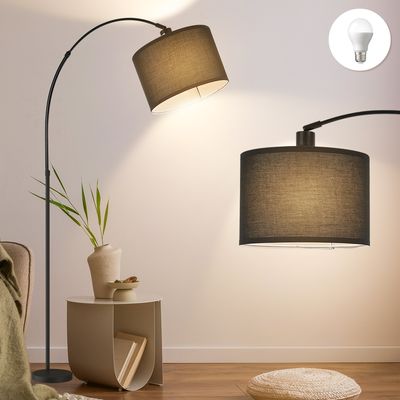 MULISOFT Dimmbar Bogenlampe, Standleuchte Vintage mit 12W LED-Lichtquelle E27, schwarzem Stoffschirm, Marmorfuß, Fußschalter, 148-183cm Höhenverstellbar, Stehlampe für Wohnzimmer Schlafzimmer