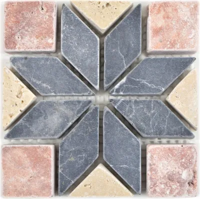 Produktbild von MOSANI Mosaikfliesen Travertin Naturstein, Farben: chiaro, rosso, rosé, grau, beige, Einleger, Mini, MOSDEKO01, Steingröße: 100x100x10 mm, Mattenmaß: 100x100 mm, für Wand & Boden, frostsicher, innen & außen, Nass- & Spritzwasserbereich, matt, netzverklebt