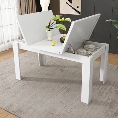 Image de Table de salle à manger 120x70 cm, blanche, avec espace de rangement, rectangulaire, multifonctionnelle et gain de place