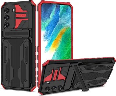 Produktbild von Galaxy S21 FE 5G Hülle, Hybrid Robust Schutz Stoßfest Schutzhülle mit Kartenhalter Ständer für Samsung Galaxy S21 FE 5G Rot
