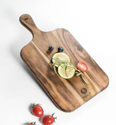 Zdjęcie produktu dla Drewniana deska śniadaniowa, drewniana deska śniadaniowa z uchwytem, rustykalna deska drewniana, deska śniadaniowa z drewna akacjowego, 35 x 18 x 1,8 cm, zestaw drewnianych desek śniadaniowych