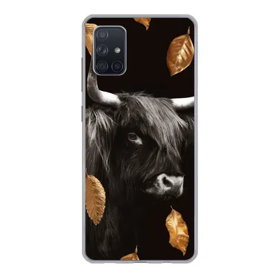 Produktbild von MuchoWow® Handyhülle Schutzhülle Hülle für Samsung Galaxy A71 Schottischer Highlander - Blätter - Gold - Schwarz Silikon Softcase Handy Hülle - Kartenbesitzer