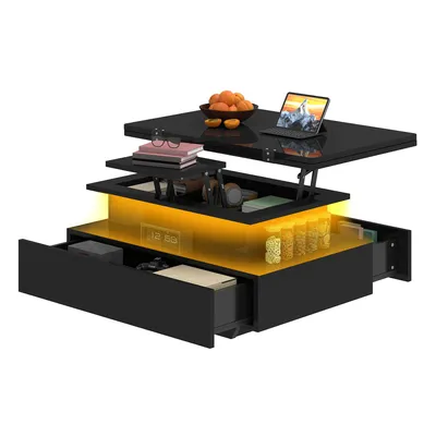 Produktbild von BALCONERA Couchtische, Beistelltische, Wohnzimmertisch, Ausziehbar, Höhenverstellbar, LED-Beleuchtung, Modernes Design, 2 Schubladen, Schwarz, 85x55x42cm