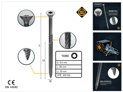 Obrázok produktu pre FORTE Tools Univerzálna skrutka do dreva 5,0 x 50 mm T25 200 ks ( 000040113881 ) strieborná pozinkovaná Torx so zápustnou hlavou s čiastočným závitom