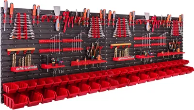 Obrázok produktu pre Nástenná polica 230x78cm Držiaky na náradie 46 ks stohovacích boxov