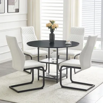 Produktbild von Tisch-Stuhl-Set, 107 cm runder Esstisch mit doppelter Ablage + 4 weiße Esszimmerstühle, schwarz