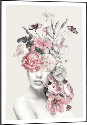 Produktbild von Wandbild - Schwarz - Weiß - 50 x 70 cm - Frau mit Blumenschmuck in grau und rosa