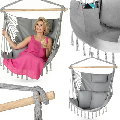 A collage of images showing a woman sitting in a grey hammock chair, a close-up of the chair's pocket, and a view of the chair with cushions.